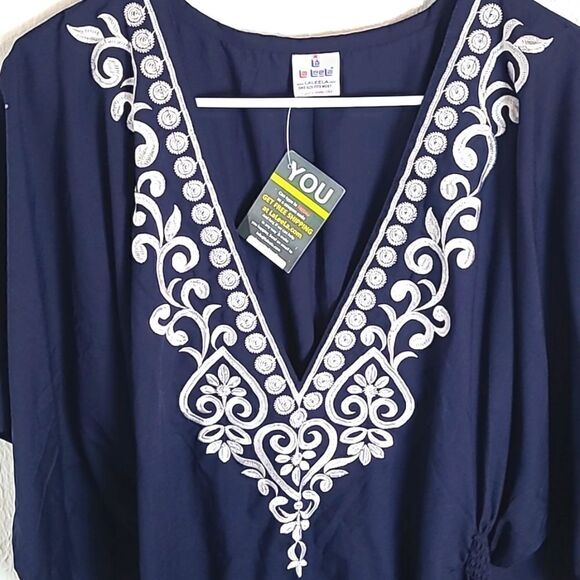 LaLeela Navy Cover-up with White Embroidered Neckline, Kimono Sleeves OSFM,NWOT - Picture 2 of 5